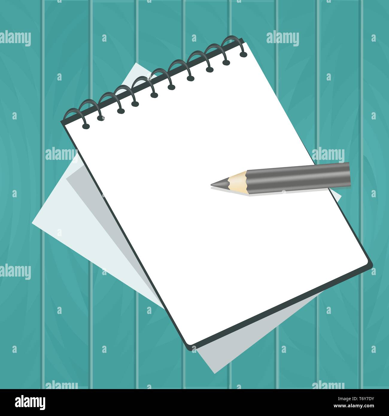 Notebook carnet de notes avec des feuilles au crayon sur un fond de bois conseil bleu turquoise Illustration de Vecteur