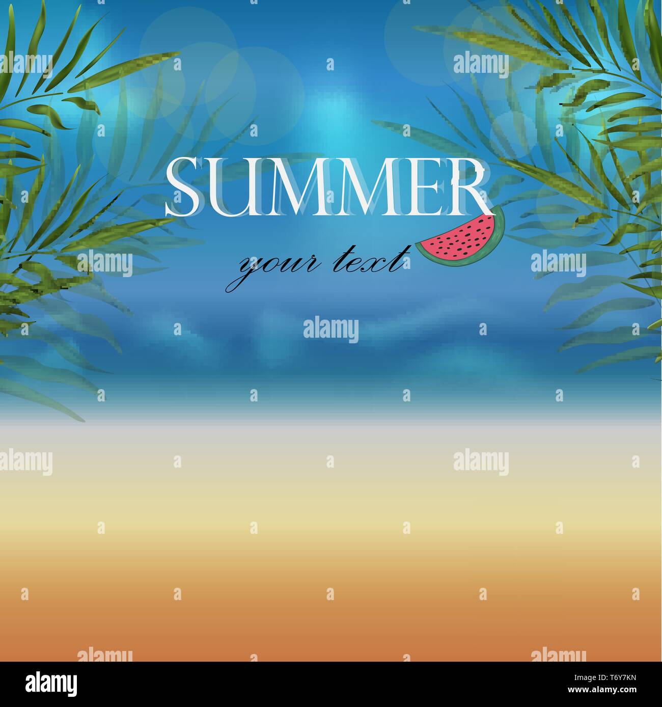 Vector wallpaper banner donnant sur la plage de sable doré et la mer avec des branches de palmier et des tranches de melon pour l'affiche avec le texte de l'été hôtel Illustration de Vecteur