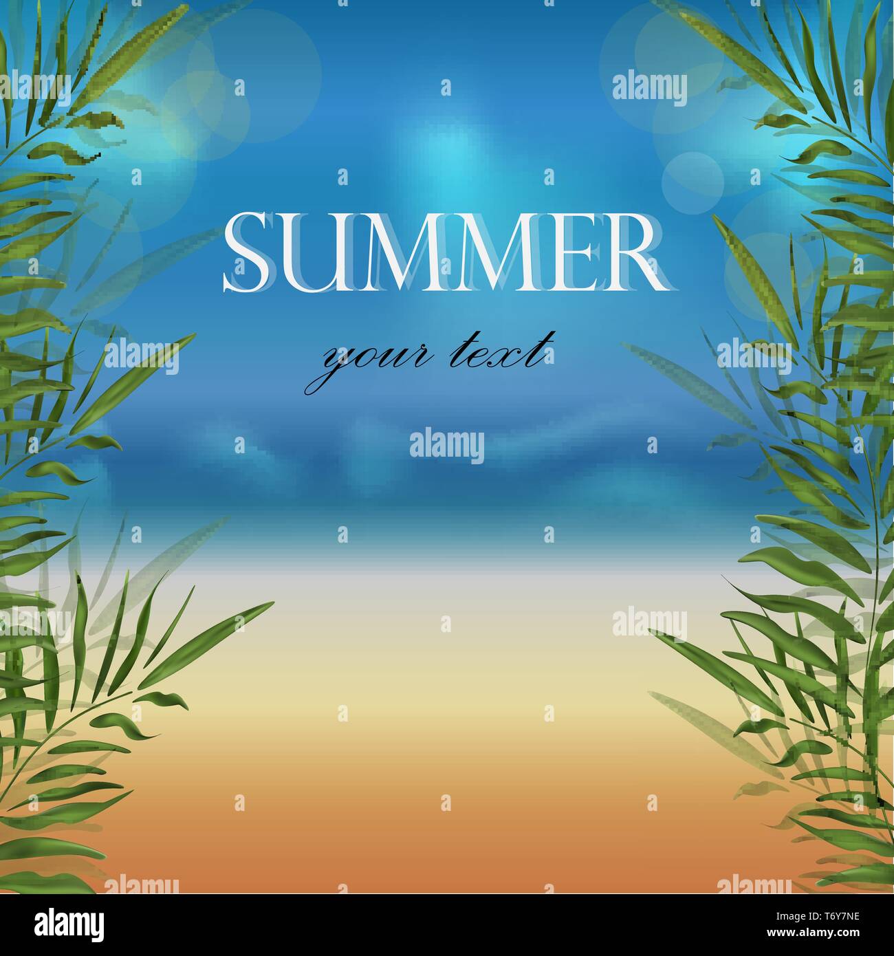 Vector wallpaper banner donnant sur la plage de sable doré et la mer avec des branches de palmier pour poster avec des lettres de l'été bonjour, billet d'illustrati Illustration de Vecteur