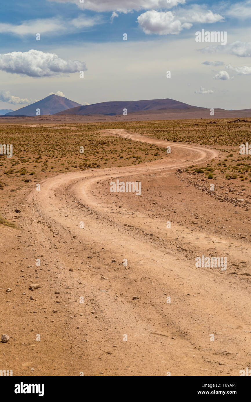 Chemin de terre sinueux dans un désert. Altiplano, Bolivie Banque D'Images