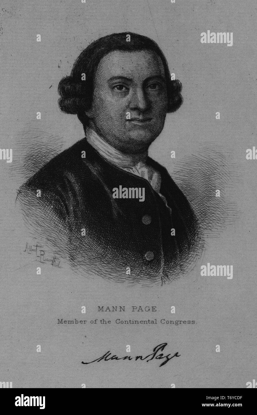 Portrait gravé de Mann Page, membre du Congrès continental, un avocat américain et du semoir de Spotsylvania County, Virginie, 1870. À partir de la Bibliothèque publique de New York. () Banque D'Images