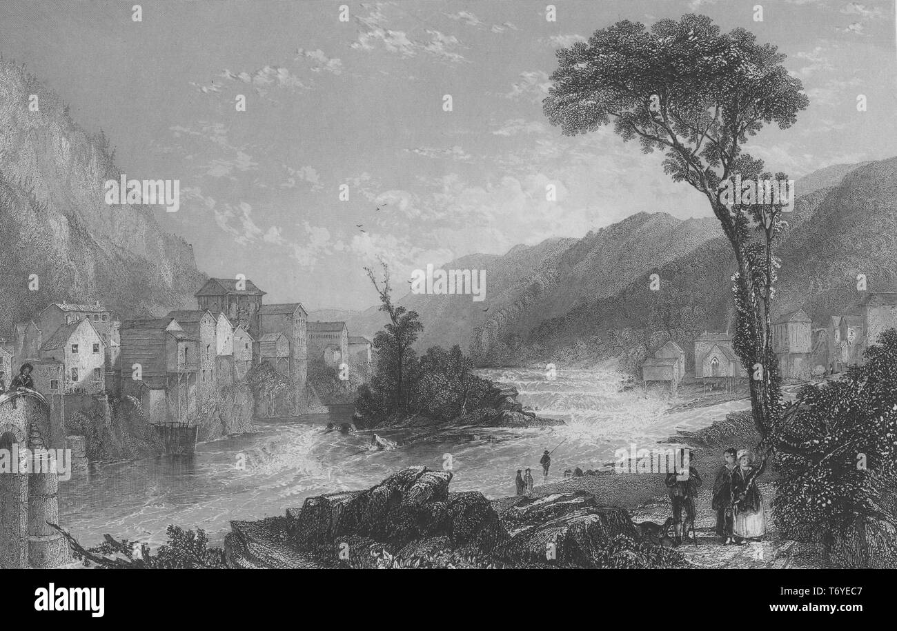 Gravure des maisons à Little Falls sur la rivière Mohawk, New York, 1830. À partir de la Bibliothèque publique de New York. () Banque D'Images