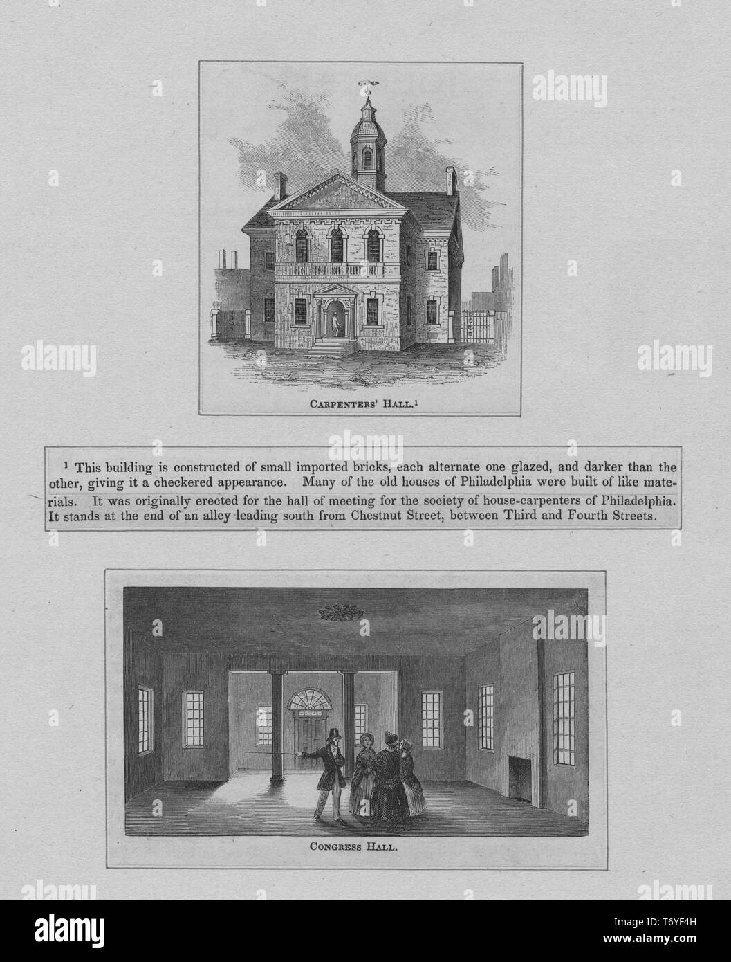 Les gravures de Carpenter's Hall et la Salle des Congrès de Philadelphie, Pennsylvanie, 1852. À partir de la Bibliothèque publique de New York. () Banque D'Images
