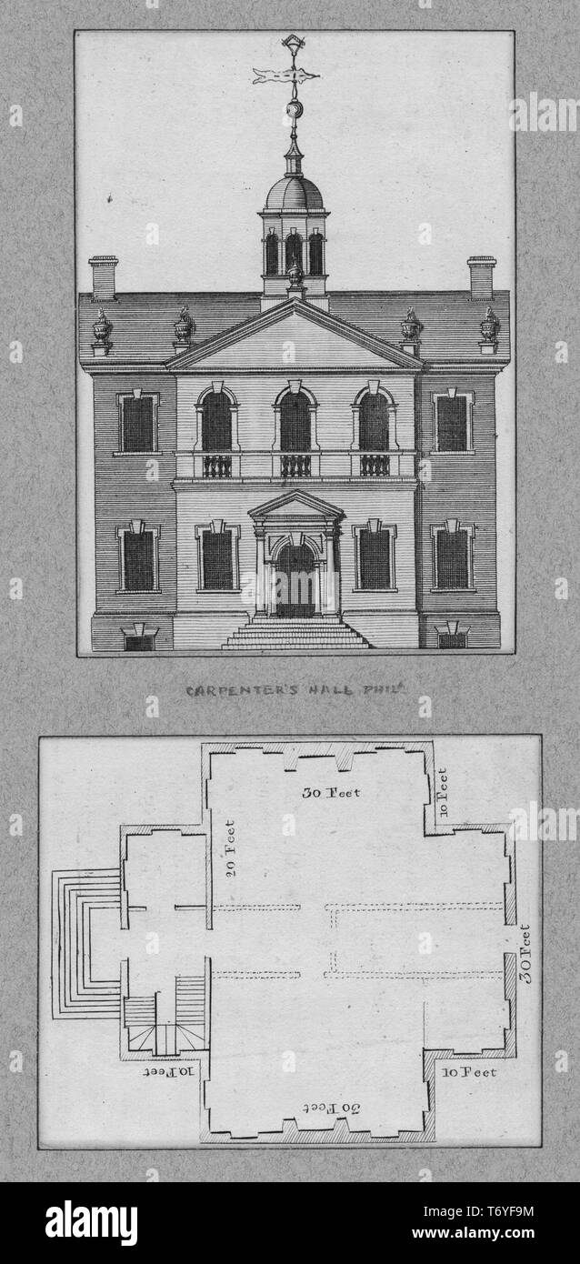 Dessin gravé de la façade et le plan de Carpenter's Hall à Philadelphie, Pennsylvanie, 1885. À partir de la Bibliothèque publique de New York. () Banque D'Images