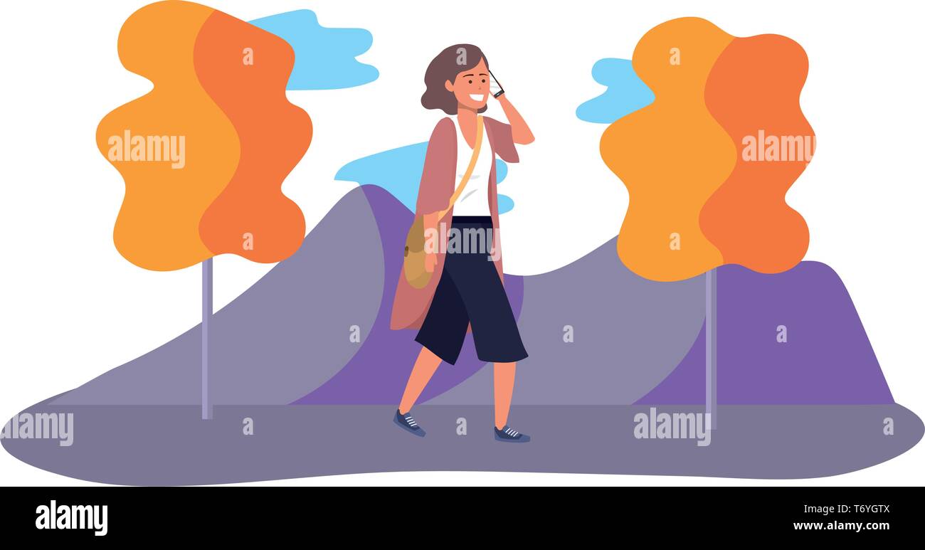 Étudiant millénaire cheveux gris woman wearing kimono à l'aide d'appel à l'extérieur prenant smartphone nature fond coloré avec des arbres vector illustration graphic design Illustration de Vecteur