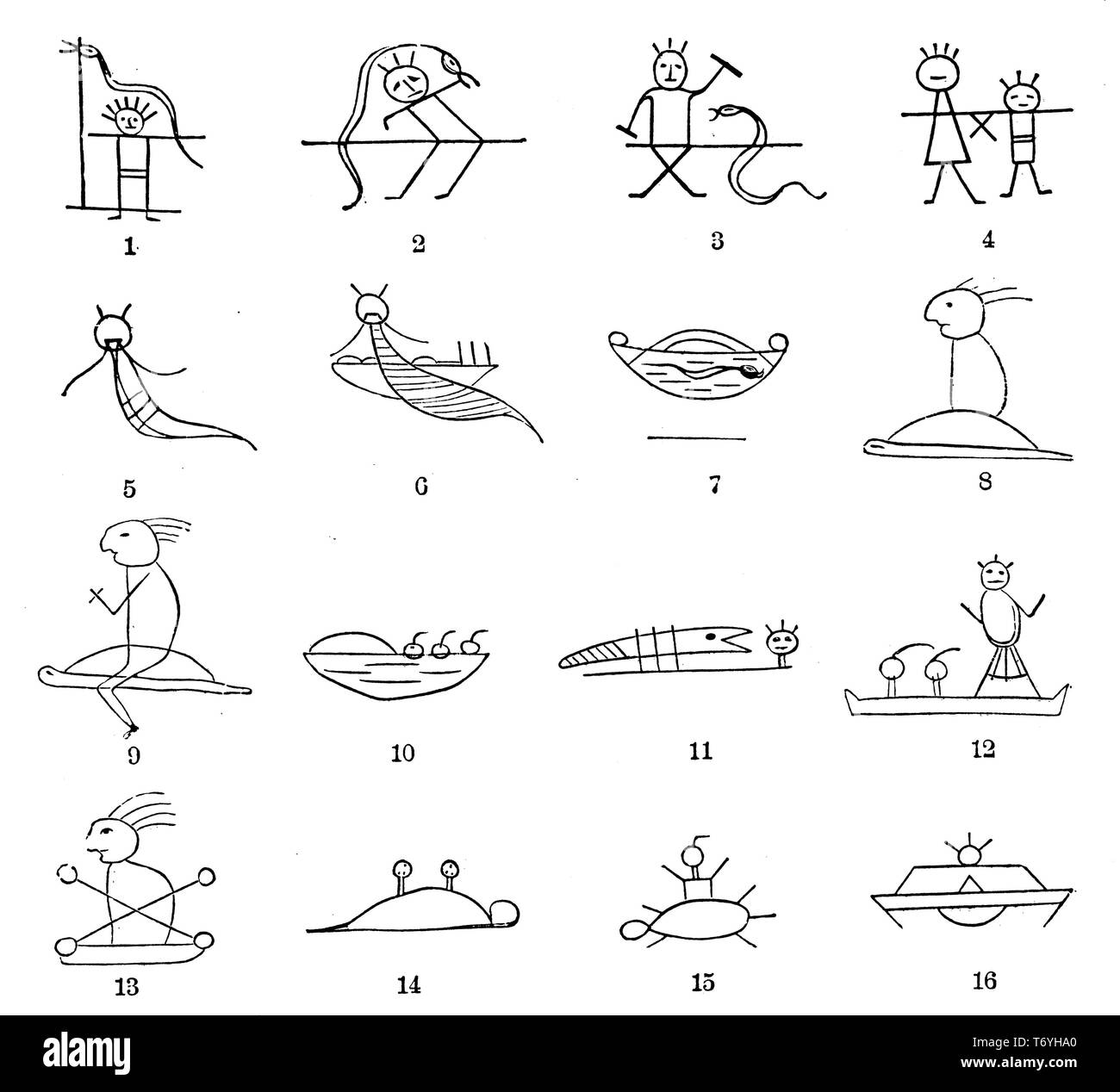 Légende d'inondation de la tribu indienne de l'Amérique du Nord des Algonquins, sculpté en morceaux d'écorce, recueillies par Rasinesque en 1822 : Les gens sont d'abord harcelée par un serpent. Vient ensuite l'eau (6). Dans (7) Tout est inondé. En 8 et 9 Manabozho, le grand-père "des hommes", doit passer sur une tortue. La natation dans la marée (10) Essayez d'enregistrer eux-mêmes sur le dos de la tortue. Monstres marins suivent (11). Enfin tous les sauver eux-mêmes sur la Tortue (14), jusqu'à la terre devient sèche à nouveau. Selon Richard Andree, Die Flutsagen, Braunschweig, 1891, Banque D'Images