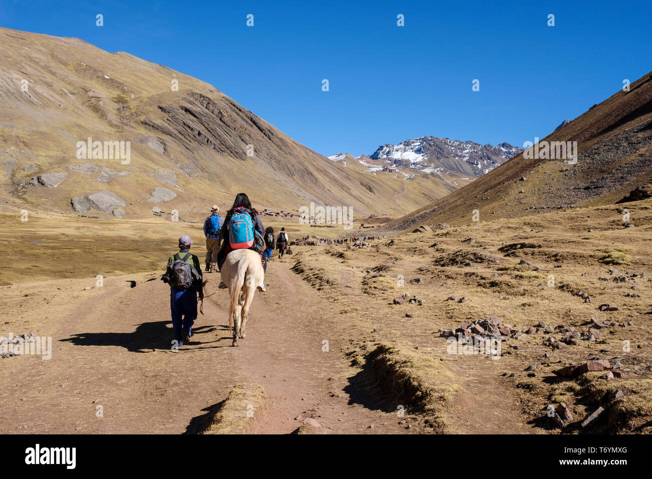 Les touristes à cheval pour se rendre à l'impressionnante Montagne Arc-en-ciel en Los Andes du Pérou Banque D'Images