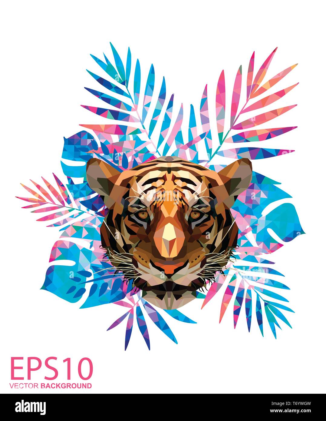 Polygone faible tête de tigre et de feuilles tropicaux colorés. Illustration 10 EPS. Illustration de Vecteur