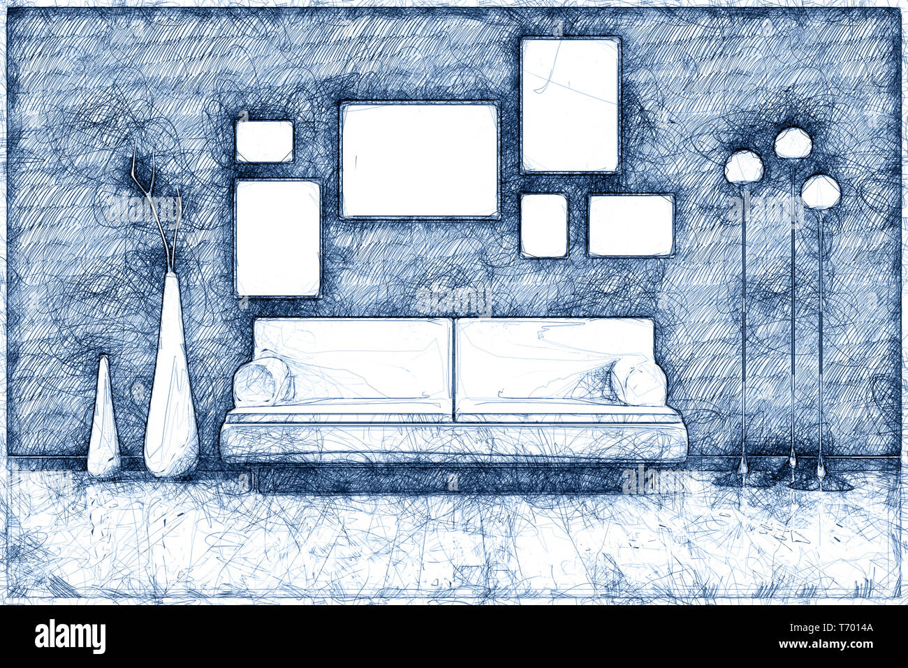 Stylo à bille bleu doodle avec un canapé Banque D'Images