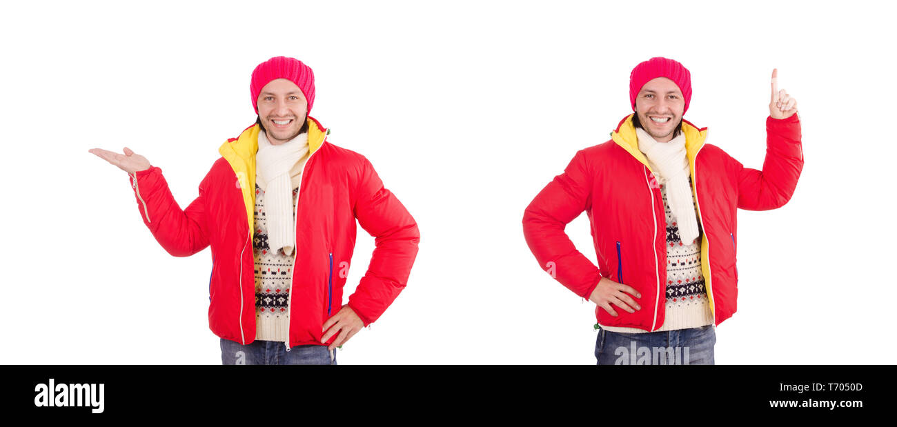 Jeune homme dans des vêtements d'hiver isolated on white Banque D'Images