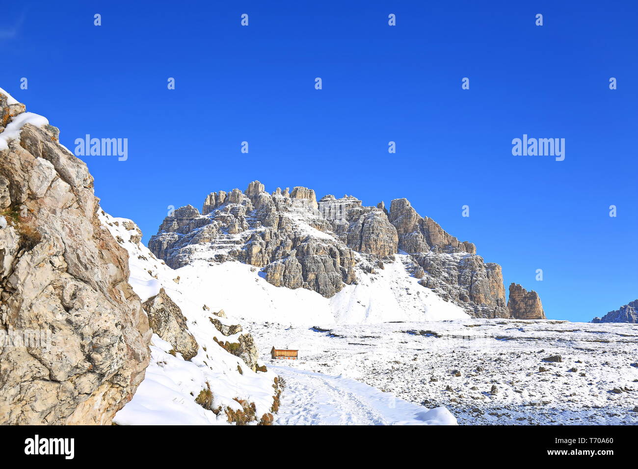 Trois pinacles dans les Dolomites Banque D'Images