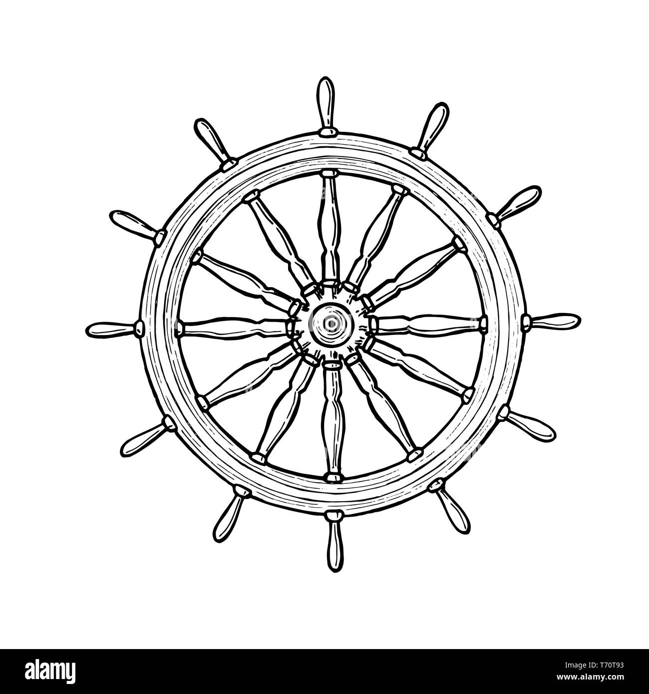 Barre noire nautique. Stylo encre volant navire croquis sur fond isolé avec éléments gravés. Illustration à la main. Illustration de Vecteur