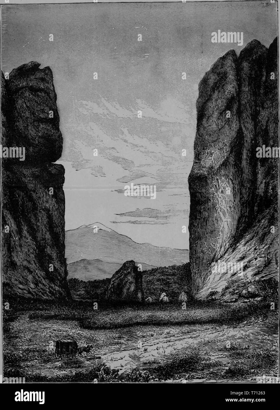 Gravure de Garden of the Gods, Pike's Peak en arrière-plan, du livre "Le nouveau Crofutt tourisme terrestre et de la côte du Pacifique guide', Colorado Springs, Colorado, 1879. Avec la permission de Internet Archive. () Banque D'Images