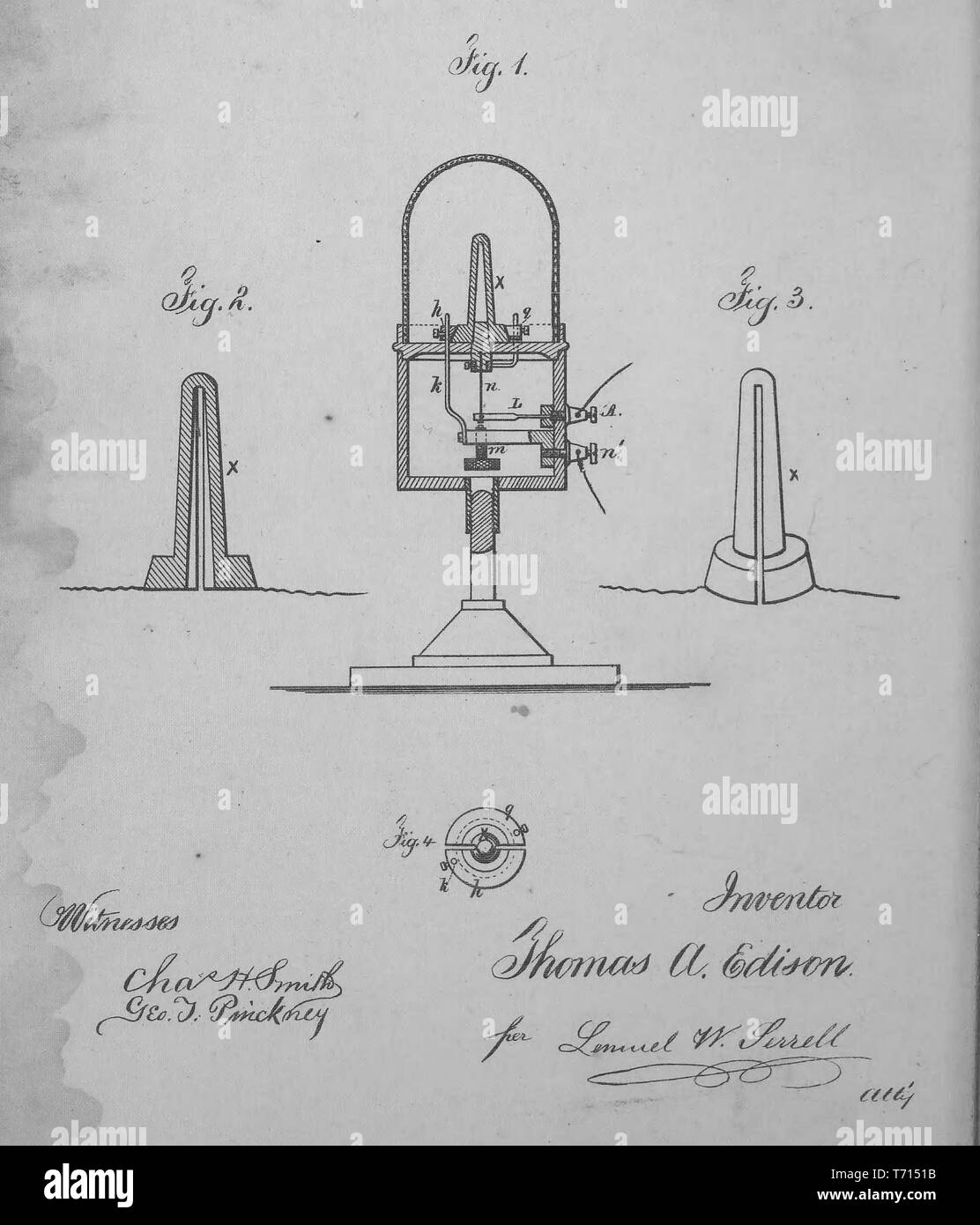 Brevet gravé "Amélioration de l'éclairage électrique' par Thomas Edison, un du livre 'Collection de brevets accordés aux États-Unis Thomas A. Edison', 1869. Avec la permission de Internet Archive. () Banque D'Images