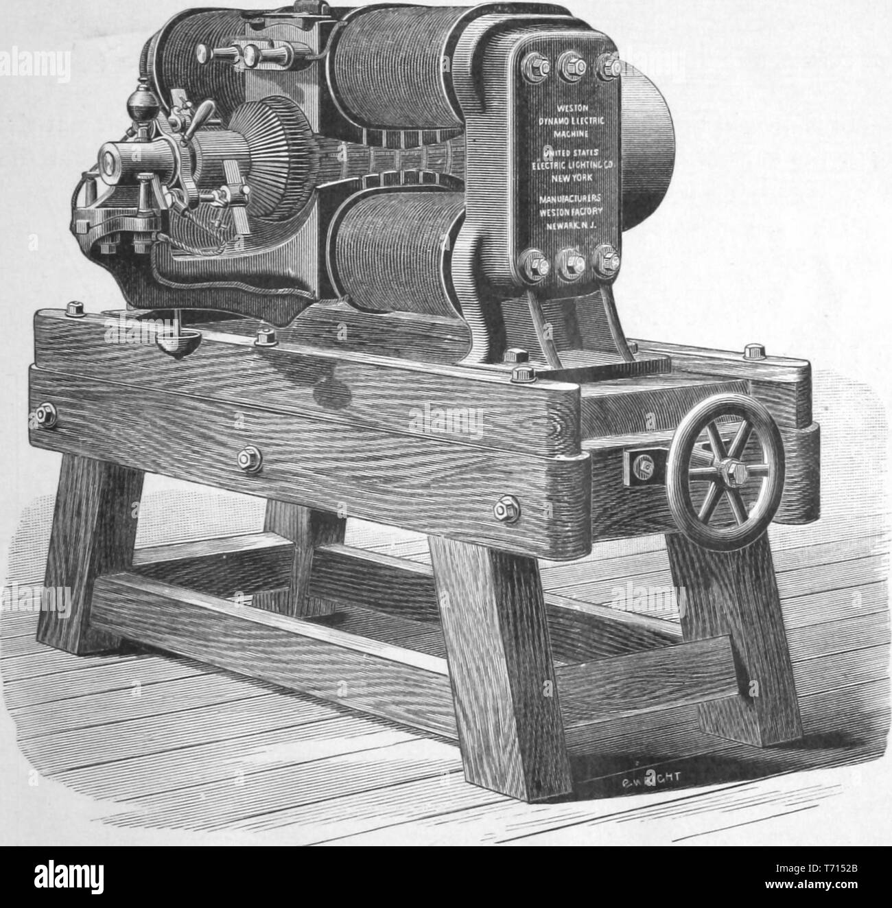 Dessin du dynamoelectric machine sur la base réglable fabriqué par l'usine de Weston, Newark du livre 'La maxime Electric Light and Power Co.', 1882. Avec la permission de Internet Archive. () Banque D'Images