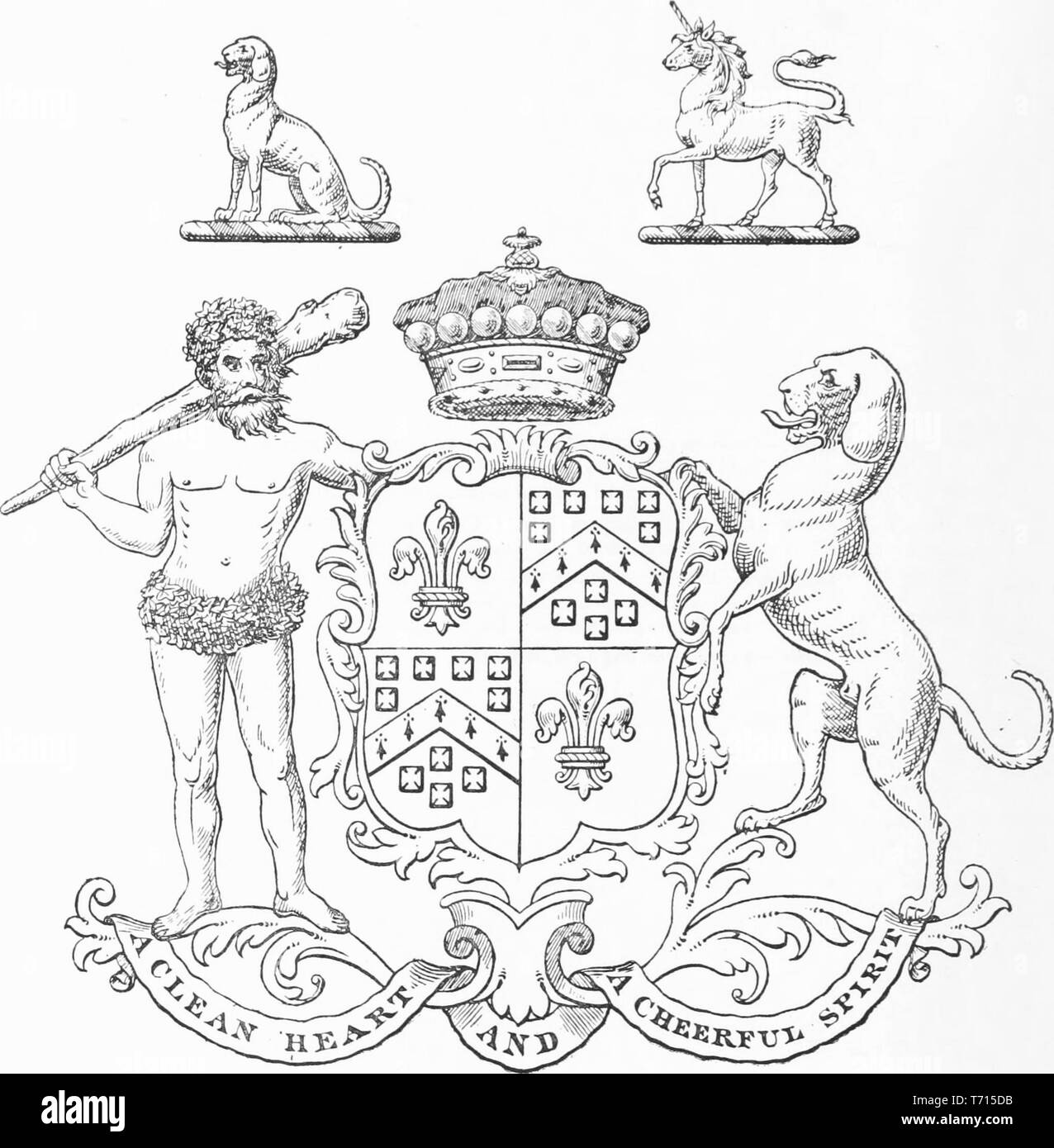 Gravure des armoiries de la famille Portman, avec la devise : "Un cœur pur et un esprit joyeux', du livre 'Visitation d'Angleterre et du Pays de Galles' par Joseph Jackson et Howard Frederick Arthur Crisp, 1893. Avec la permission de Internet Archive. () Banque D'Images