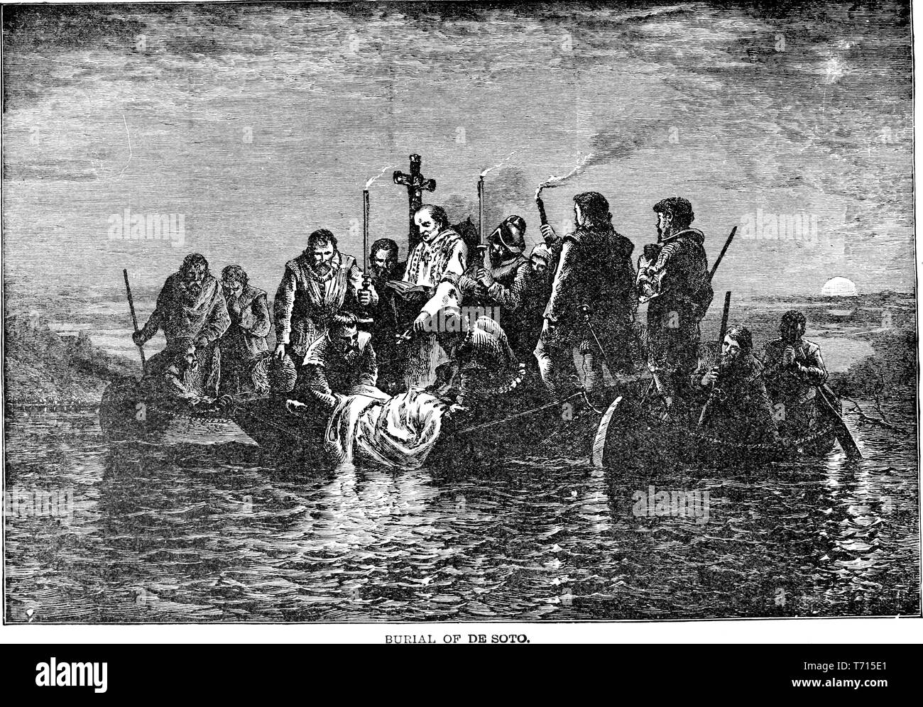 Gravure de l'enterrement d'Hernando de Soto au fleuve Mississippi, du livre "Une histoire populaire des États-Unis d'Amérique, de l'Aboriginal Times to the present day' de John Clark Ridpath, 1893. Avec la permission de Internet Archive. () Banque D'Images Gravure de l'enterrement d'Hernando de Soto au fleuve Mississippi, du livre "Une histoire populaire des États-Unis d'Amérique, de l'Aboriginal Times to the present day' de John Clark Ridpath, 1893. Avec la permission de Internet Archive. () Banque D'Images