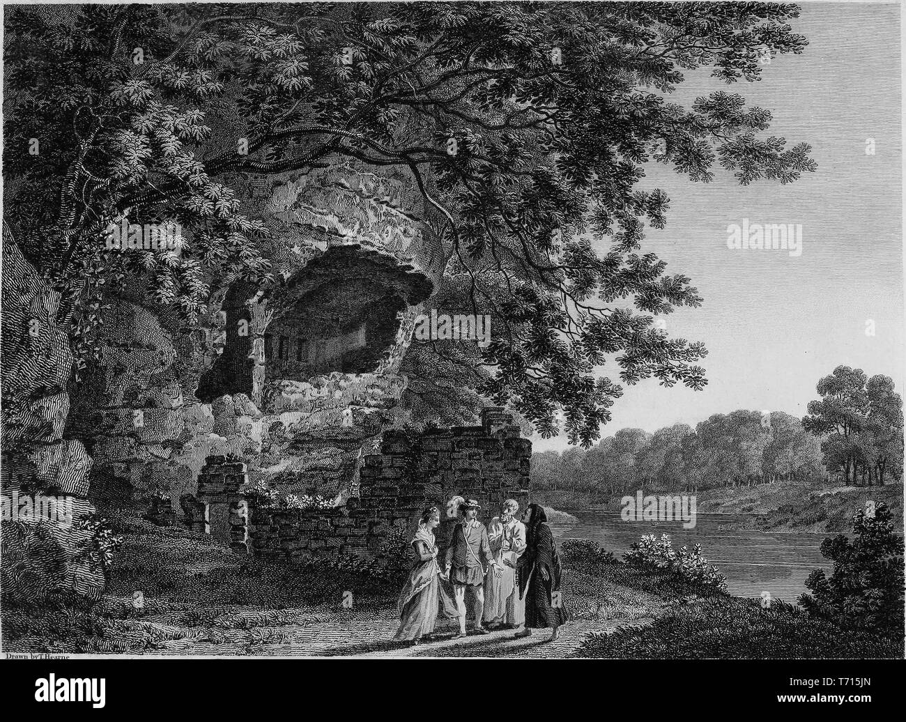 Gravure de l'Ermitage à Warkworth, Northumberland, Angleterre du livre 'Antiquités de Grande Bretagne' par William Byrne et Thomas Hearne, 1825. Avec la permission de Internet Archive. () Banque D'Images