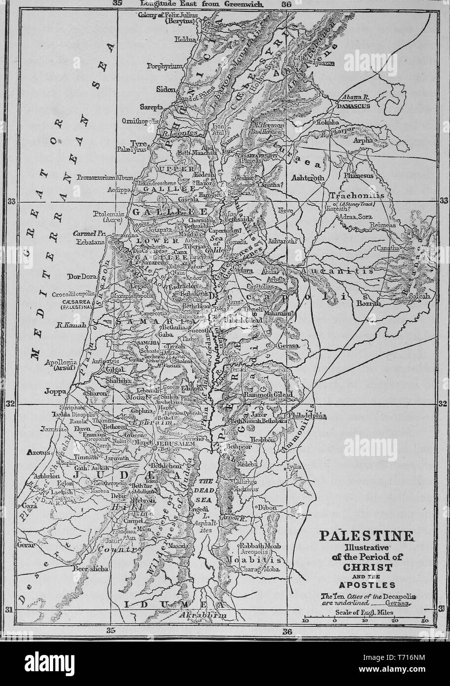 Carte gravée de la Palestine de l'époque de Jésus Christ et les Apôtres, du livre 'La Bible picturale et commentateur' par Ingram Cobbin, Daniel Mars, Linus Pierpont Brockett, et Hesba Stretton, 1878. Avec la permission de Internet Archive. () Banque D'Images