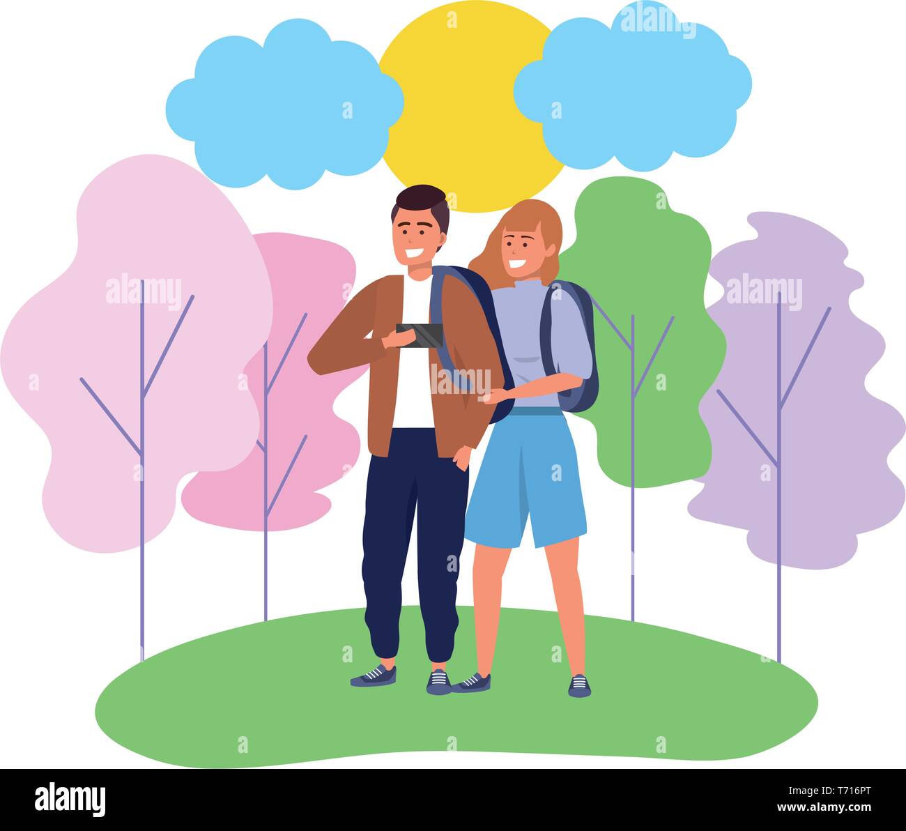 Couple millénaire man wearing jacket femme rousse et date promenade dans le parc à l'aide de la nature de fond smartphone avec arbres colorés sunny sky vector illustration graphic design Illustration de Vecteur