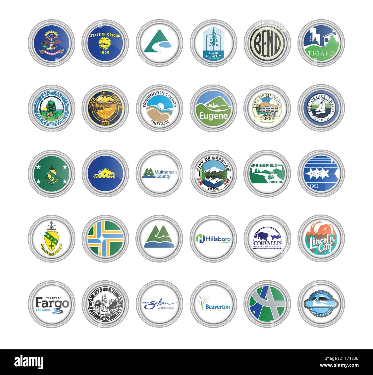 Ensemble d'icônes vectorielles. Drapeaux et les joints du Dakota du Nord et de l'Oregon states, USA. 3D illustration. Illustration de Vecteur