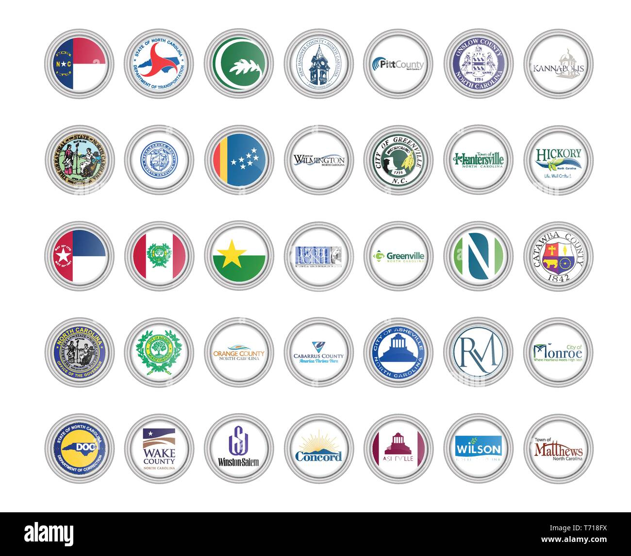 Ensemble d'icônes vectorielles. Des drapeaux et des sceaux de l'Etat de Caroline du Nord, USA. 3D illustration. Illustration de Vecteur