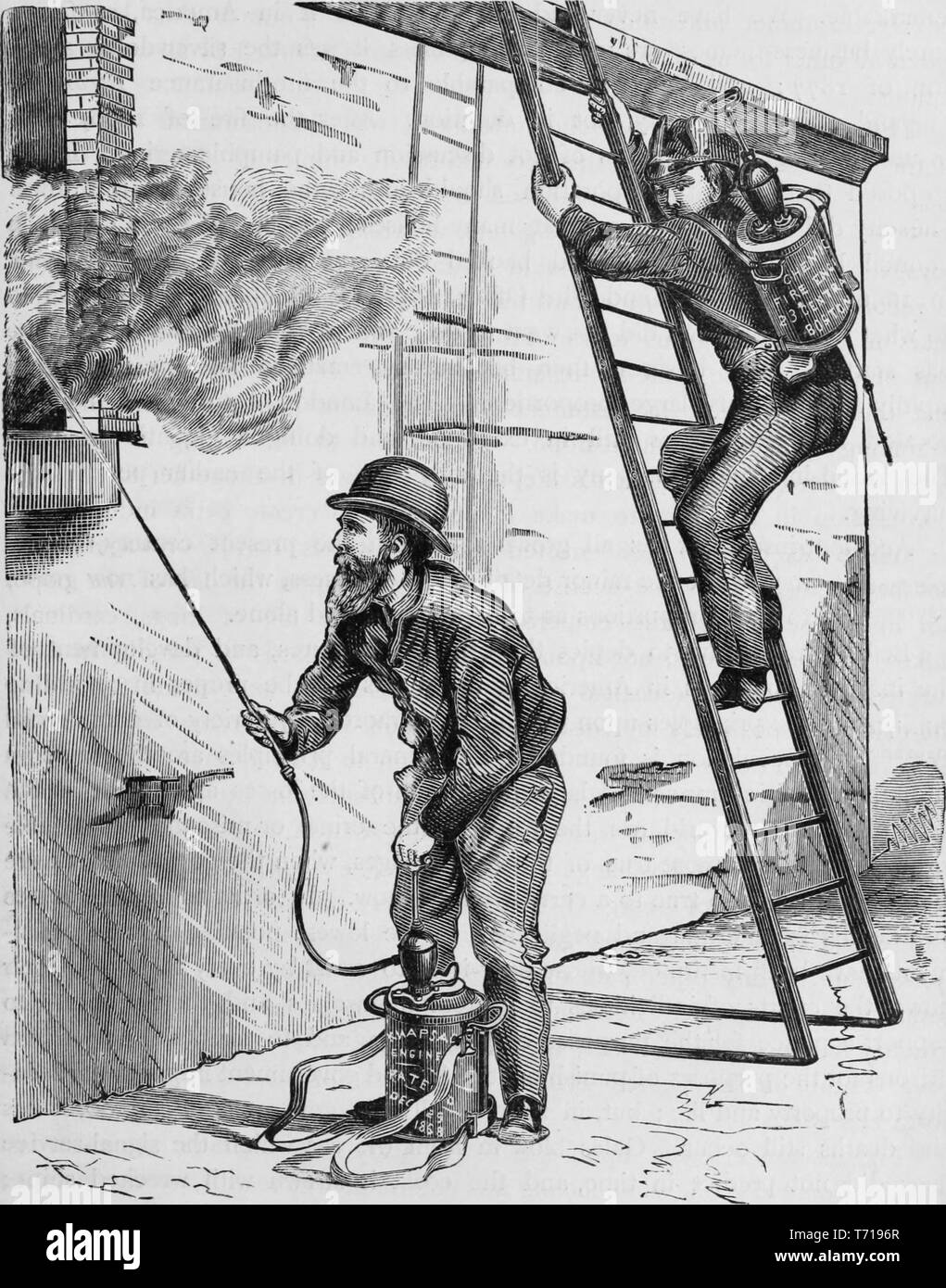 Gravure de deux pompiers à l'œuvre, du livre 'L'histoire industrielle des États-Unis, depuis le début de la colonisation à l'heure actuelle' par Albert Sidney Bolles, 1878. Avec la permission de Internet Archive. () Banque D'Images