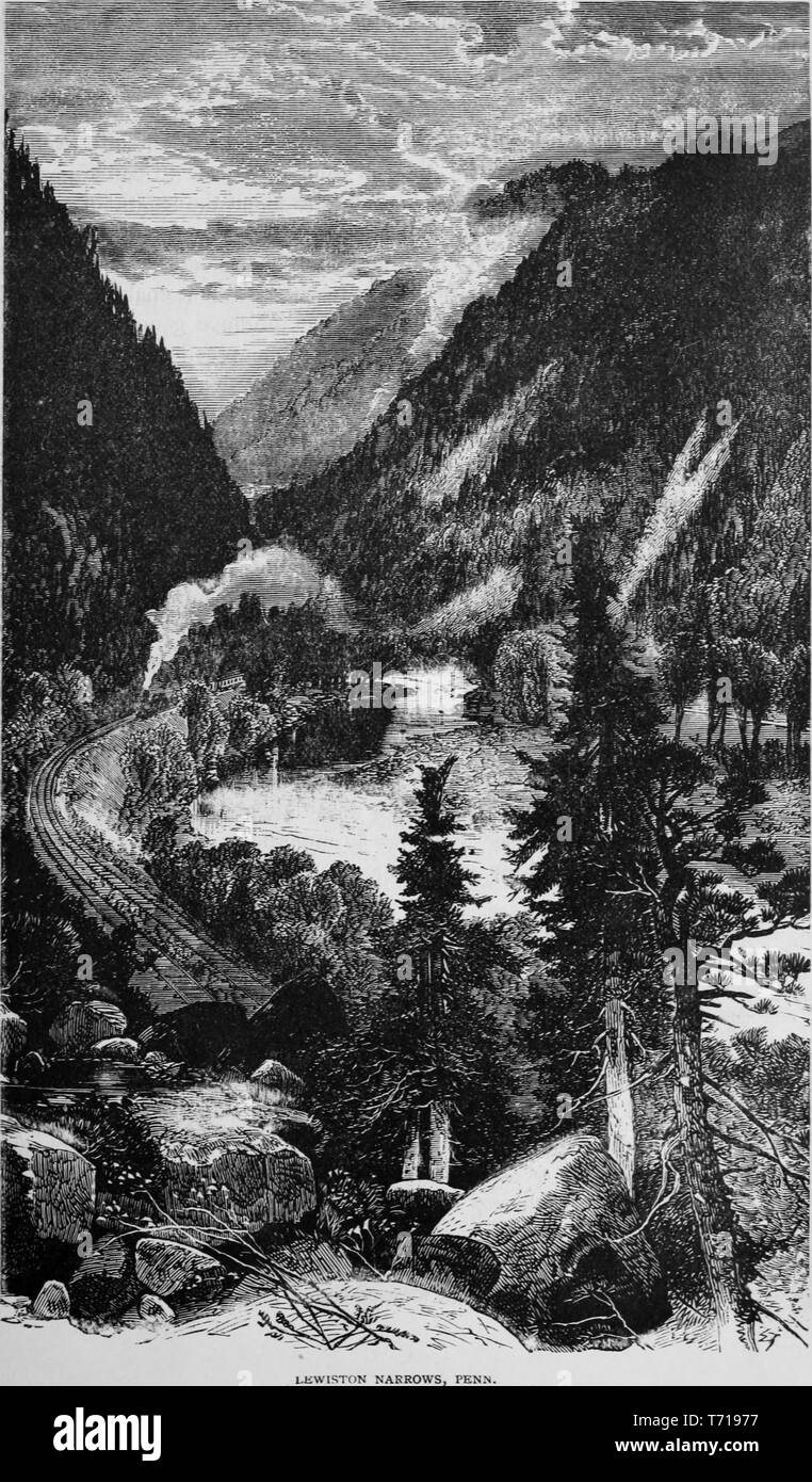 Gravure d'un train Lewiston Narrows en Pennsylvanie, du livre 'L'histoire industrielle des États-Unis, depuis le début de la colonisation à l'heure actuelle' par Albert Sidney Bolles, 1878. Avec la permission de Internet Archive. () Banque D'Images