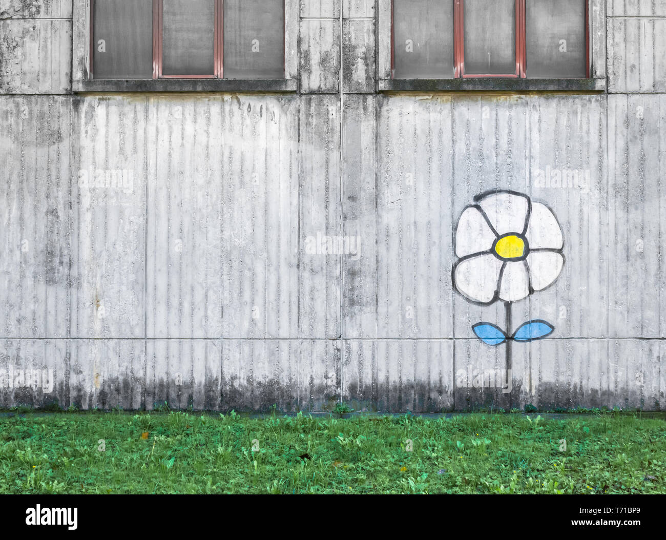 Fleur blanche dessiné sur le mur d'une ancienne usine. Idéal pour les concepts Banque D'Images