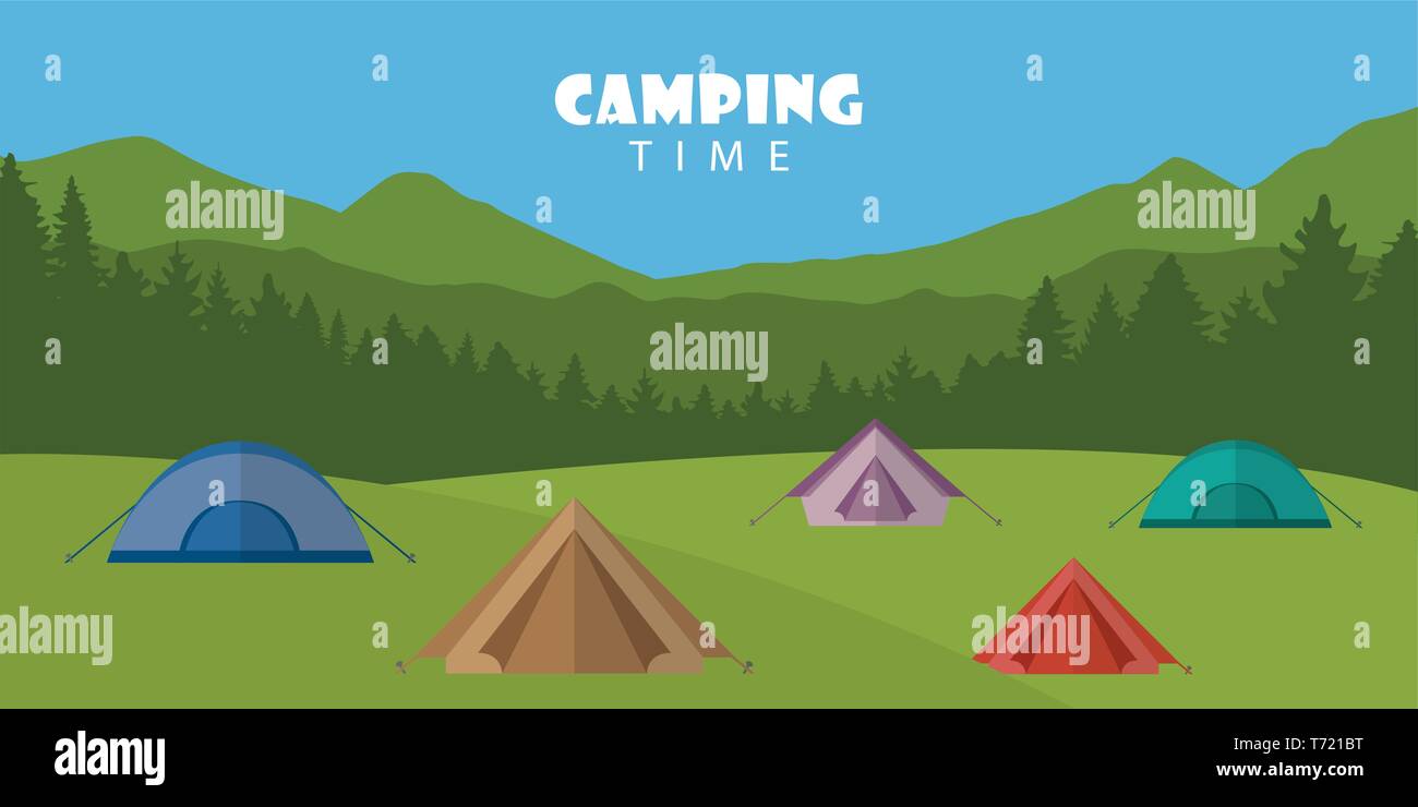 Camping en extérieur paysage estival avec tentes colorées vector illustration EPS10 Illustration de Vecteur