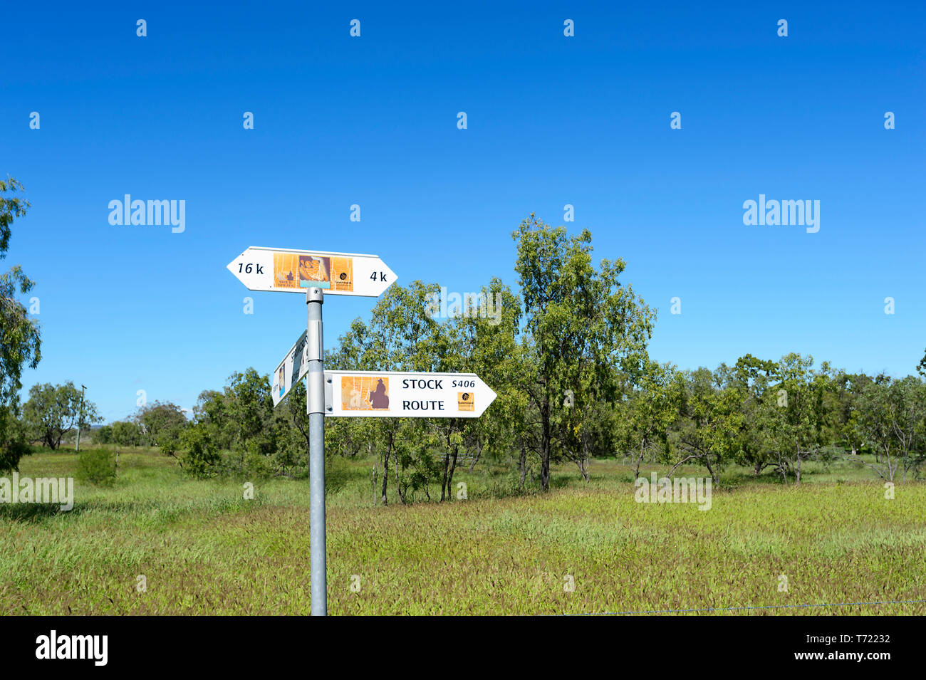 Les panneaux signalant la direction de l'ancien stock à proximité Minerva Hill National Park, Queensland, Queensland, Australie Banque D'Images