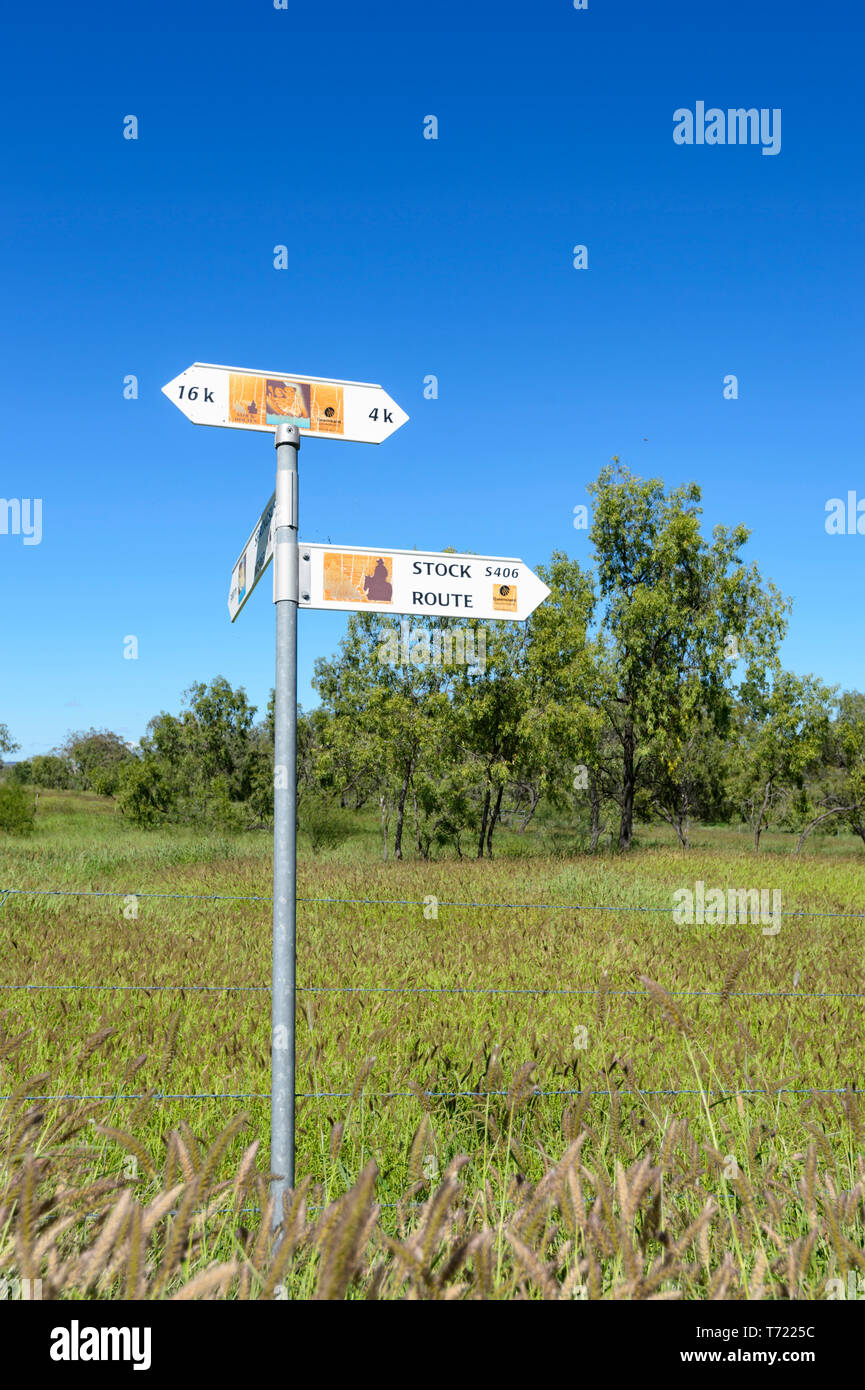 Les panneaux signalant la direction de l'ancien stock à proximité Minerva Hill National Park, Queensland, Queensland, Australie Banque D'Images