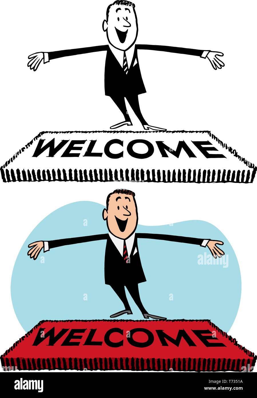 Un homme avec un tapis de bienvenue avec ses bras grand ouverts dans message d'accueil. Illustration de Vecteur