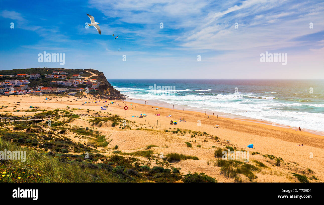 Vue de la plage de Monte Clerigo avec Mouettes volantes sur la côte ouest du Portugal, Algarve. Escaliers de la plage Praia Monte Clerigo près de Aljezur, Banque D'Images