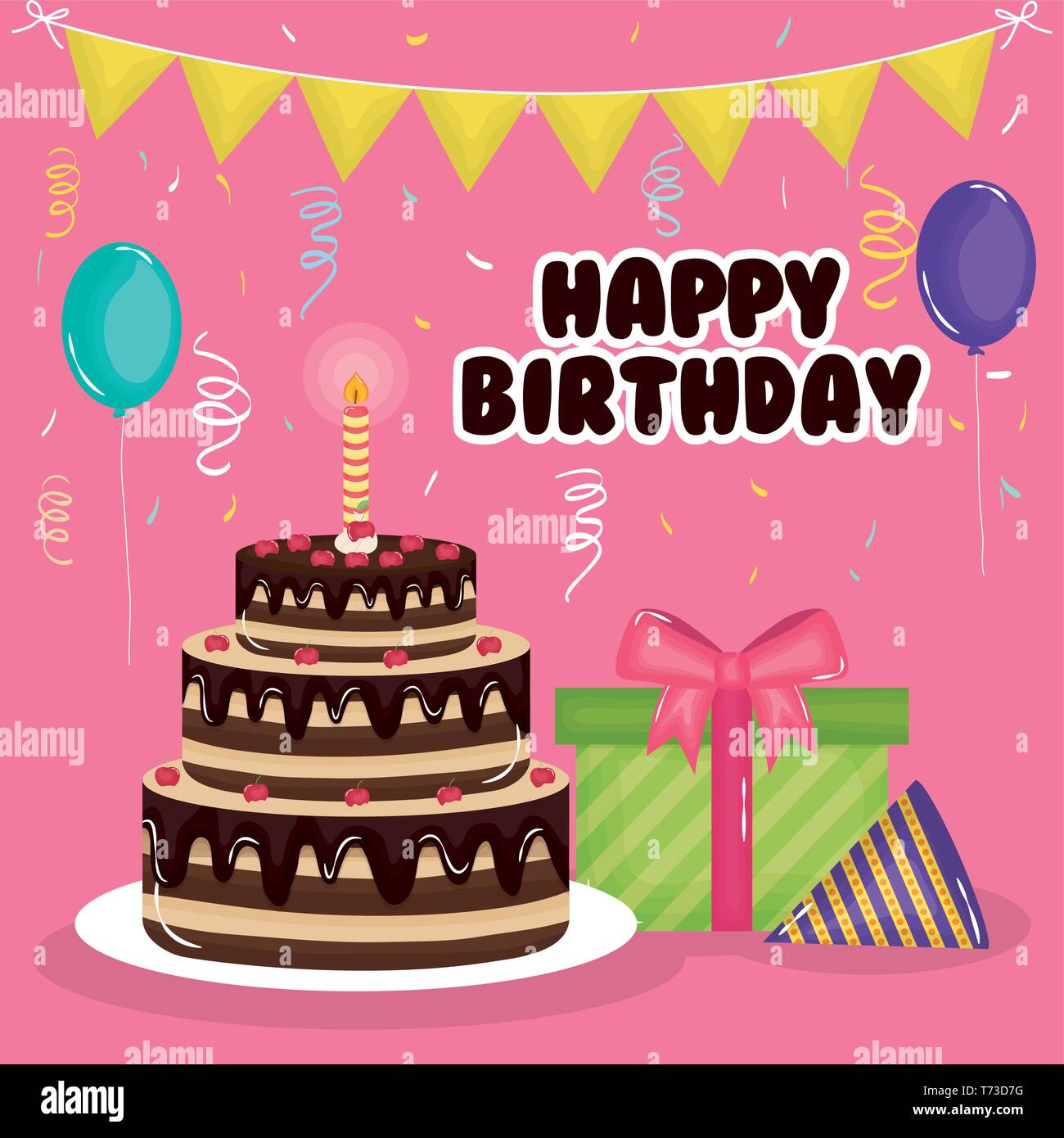 Joyeux Anniversaire Carte Avec Gateau Don Et L Helium Ballons Vector Illustration Design Image Vectorielle Stock Alamy