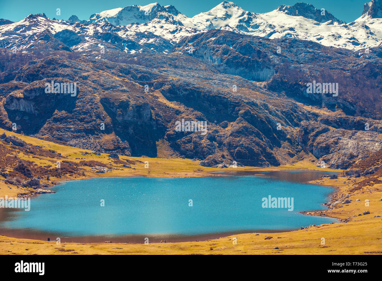 Pics d'Europe (Picos de Europa) Parc National. Un lac glaciaire Ercina. Les Asturies, Espagne, Europe Banque D'Images