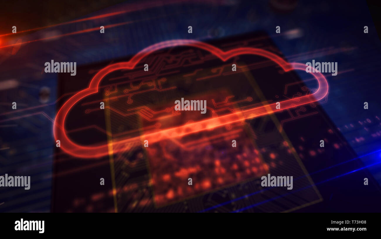 Concept informatique numérique avec affichage par hologramme cloud cpu dans l'arrière-plan. La cyber sécurité, serveur, stockage de données et l'analyse de l'ordinateur 3d abstrait Banque D'Images