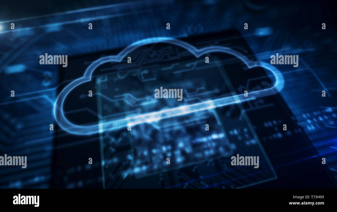 Concept informatique numérique avec affichage par hologramme cloud cpu dans l'arrière-plan. La cyber sécurité, serveur, stockage de données et l'analyse de l'ordinateur 3d abstrait Banque D'Images