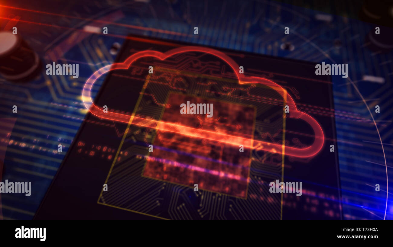 Concept informatique numérique avec affichage par hologramme cloud cpu dans l'arrière-plan. La cyber sécurité, serveur, stockage de données et l'analyse de l'ordinateur 3d abstrait Banque D'Images