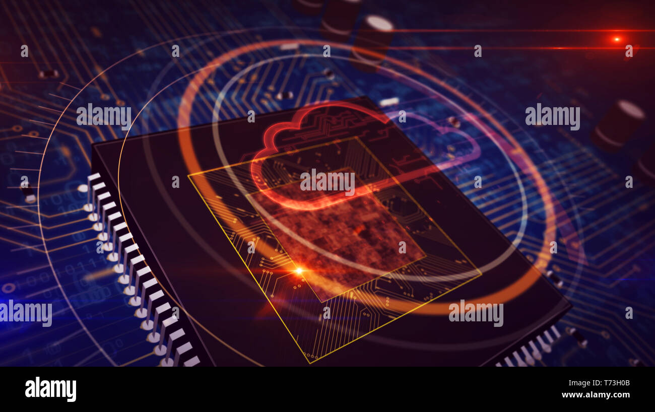 Concept informatique numérique avec affichage par hologramme cloud cpu dans l'arrière-plan. La cyber sécurité, serveur, stockage de données et l'analyse de l'ordinateur 3d abstrait Banque D'Images