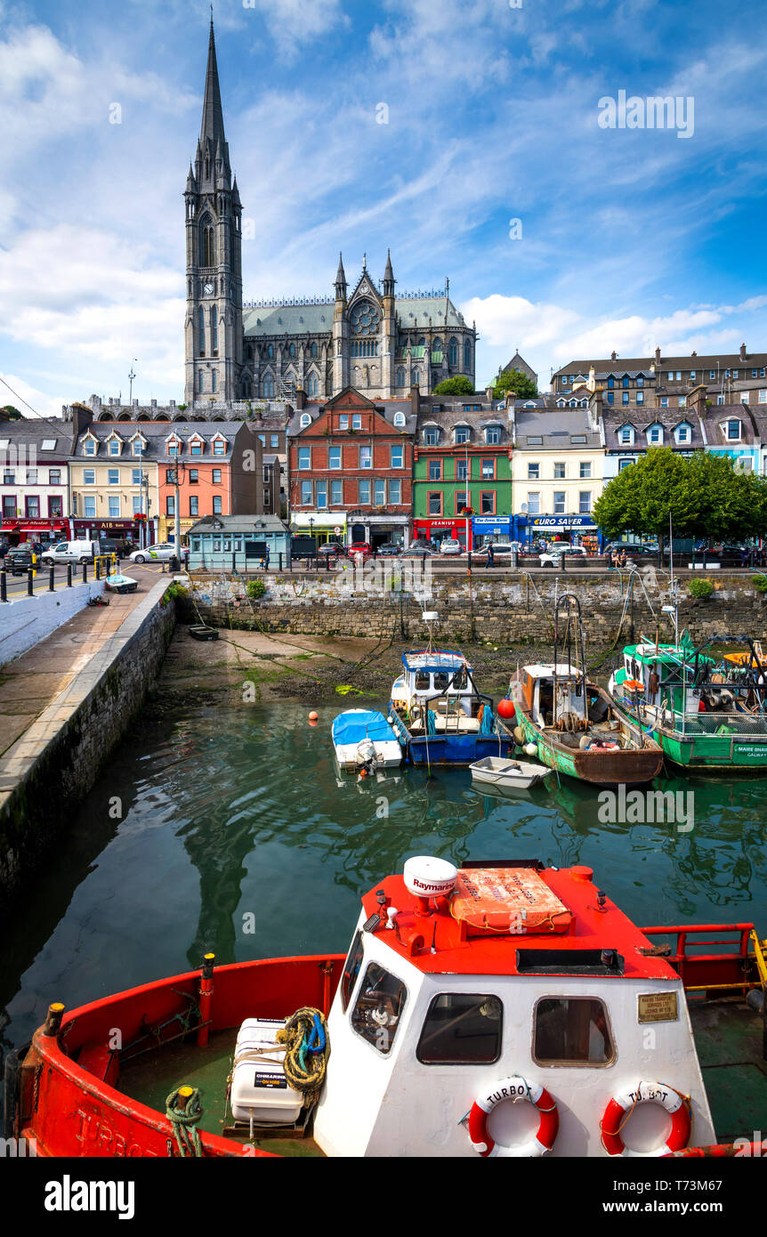 Courses de bateaux avec des bateaux amarrés dans le port et la cathédrale saint Colman dans l'arrière-plan ; Cobh, dans le comté de Cork, Irlande Banque D'Images