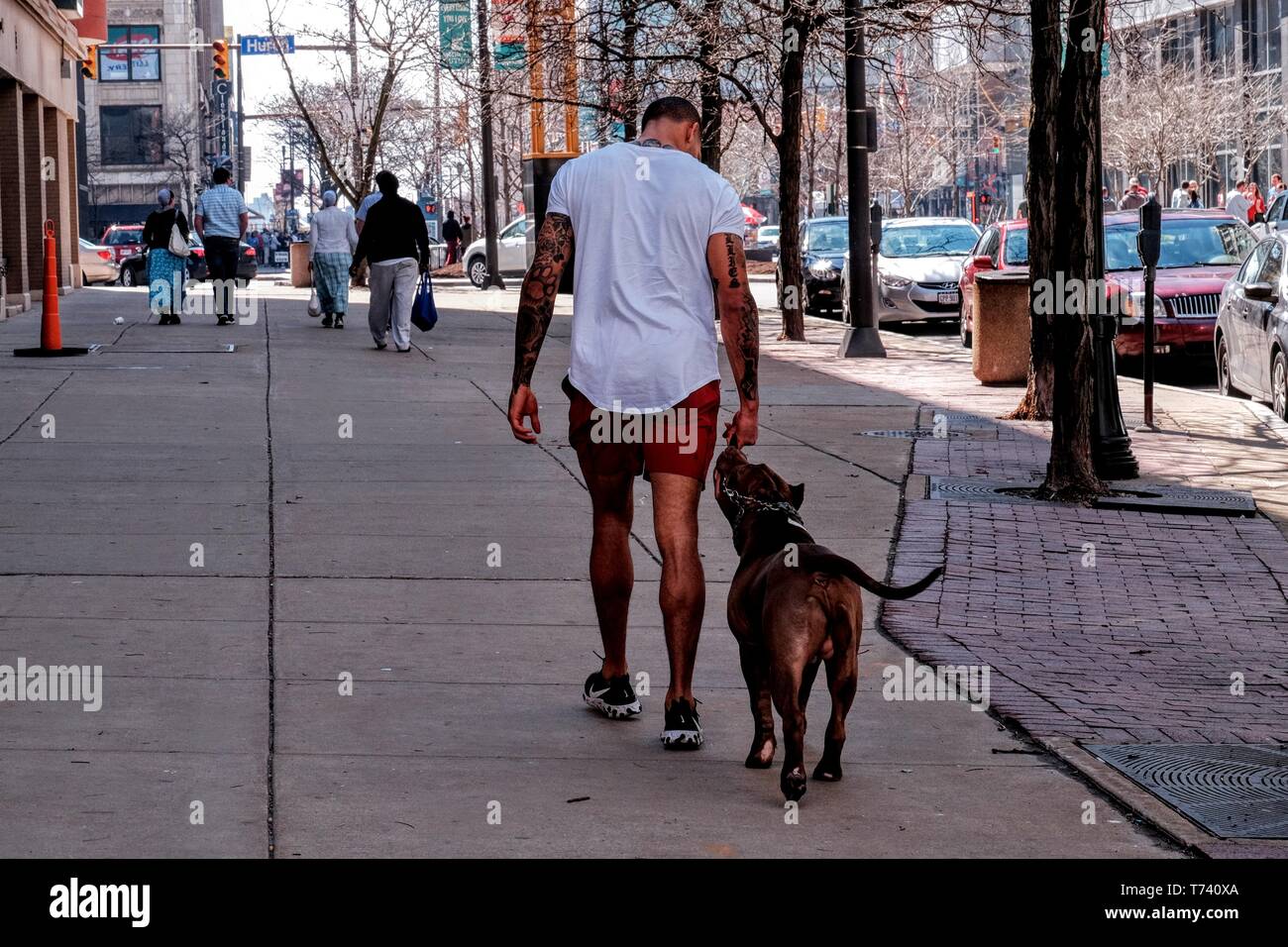 Un homme avec son chien à Cleveland Banque D'Images