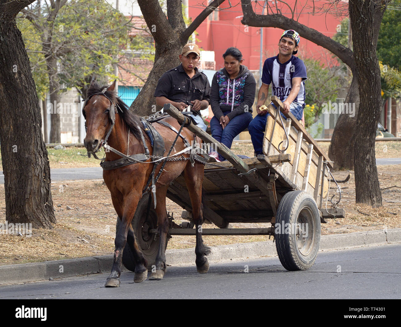 La ville de Cordoba, Cordoba, Argentine - 2019 : une famille se déplace sur un cheval tiré panier sur un quartier résidentiel. Banque D'Images