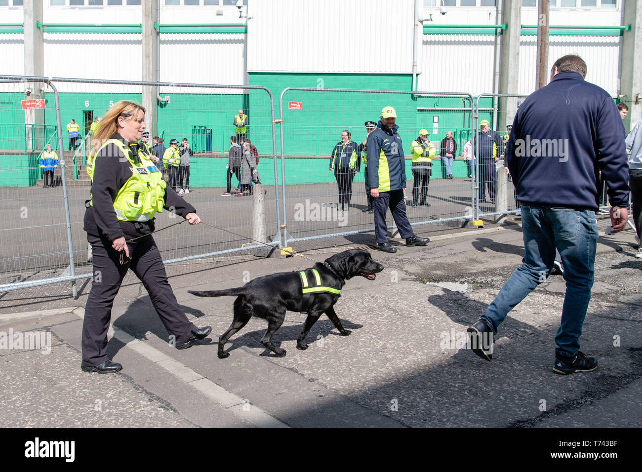 Hibs vs coeurs, Easter Road Stadium, Police, G4S salle de contrôle de sécurité fonction, Fans, Barney le chien renifleur Banque D'Images