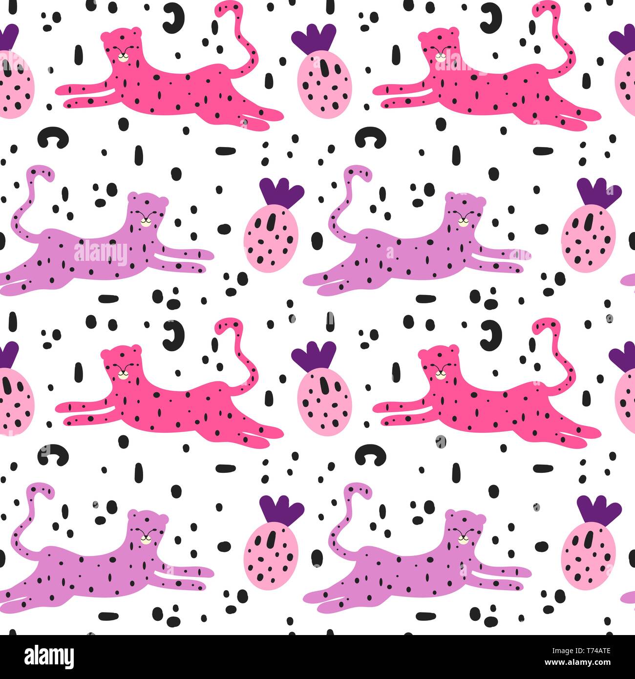 Mode cute abstract background illustration modèle vectoriel continu avec des léopards, les ananas et les traits de pinceau Illustration de Vecteur