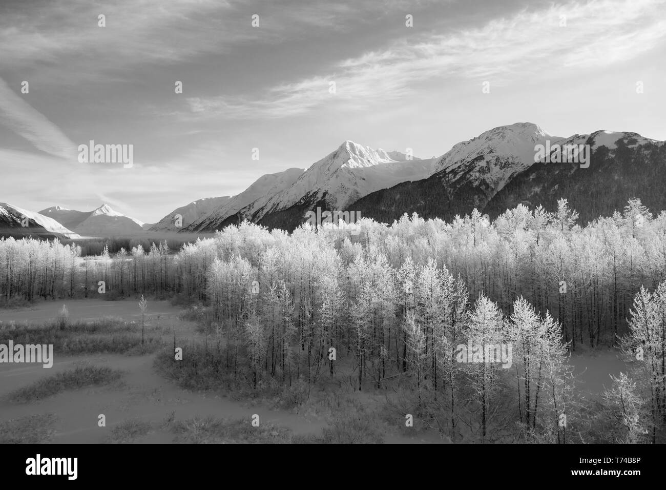 Des pics des montagnes pittoresques de l'hiver et la vallée en Alaska, Portage Valley dans le centre-sud de l'Alaska, Anchorage, Alaska, États-Unis d'Amérique Banque D'Images