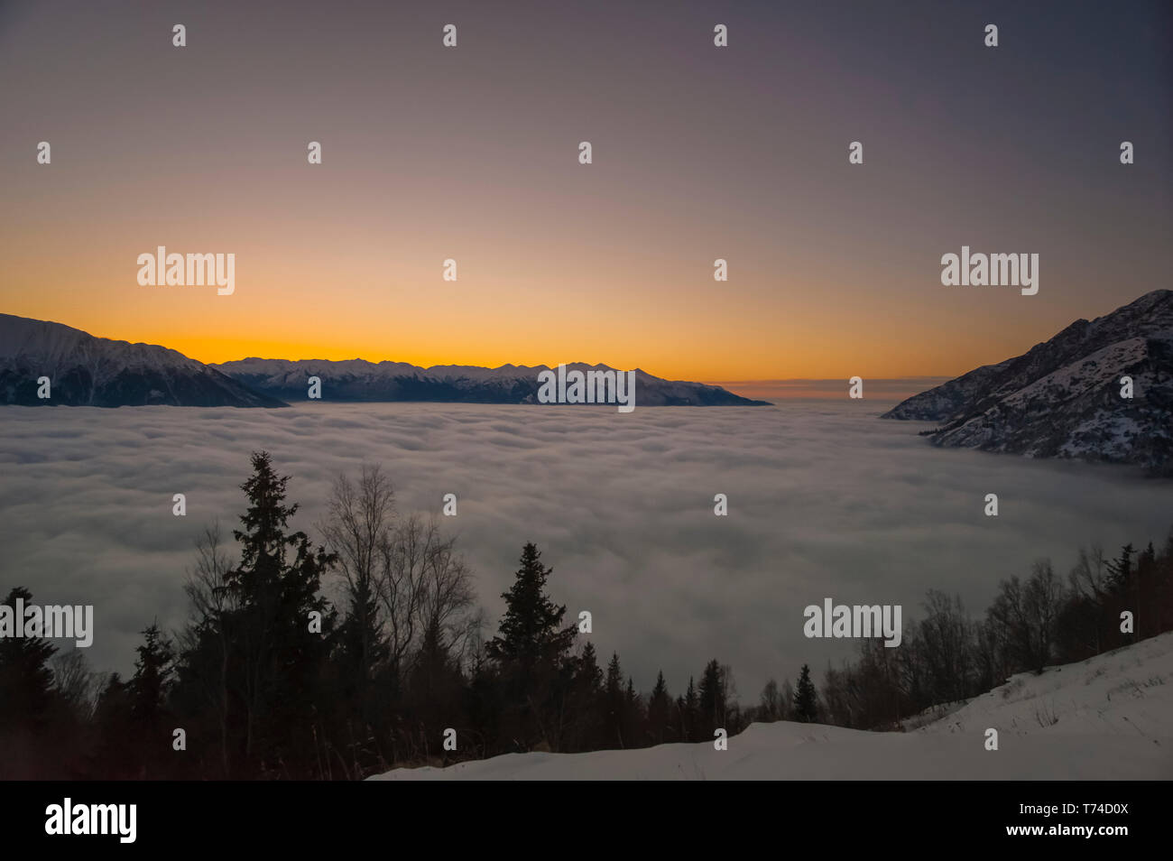 Brouillard d'hiver qui se jettent dans le Cook Inlet comme vu à partir de l'Oiseau Ridge Trail, dans le centre-sud de l'Alaska ; Alaska, États-Unis d'Amérique Banque D'Images