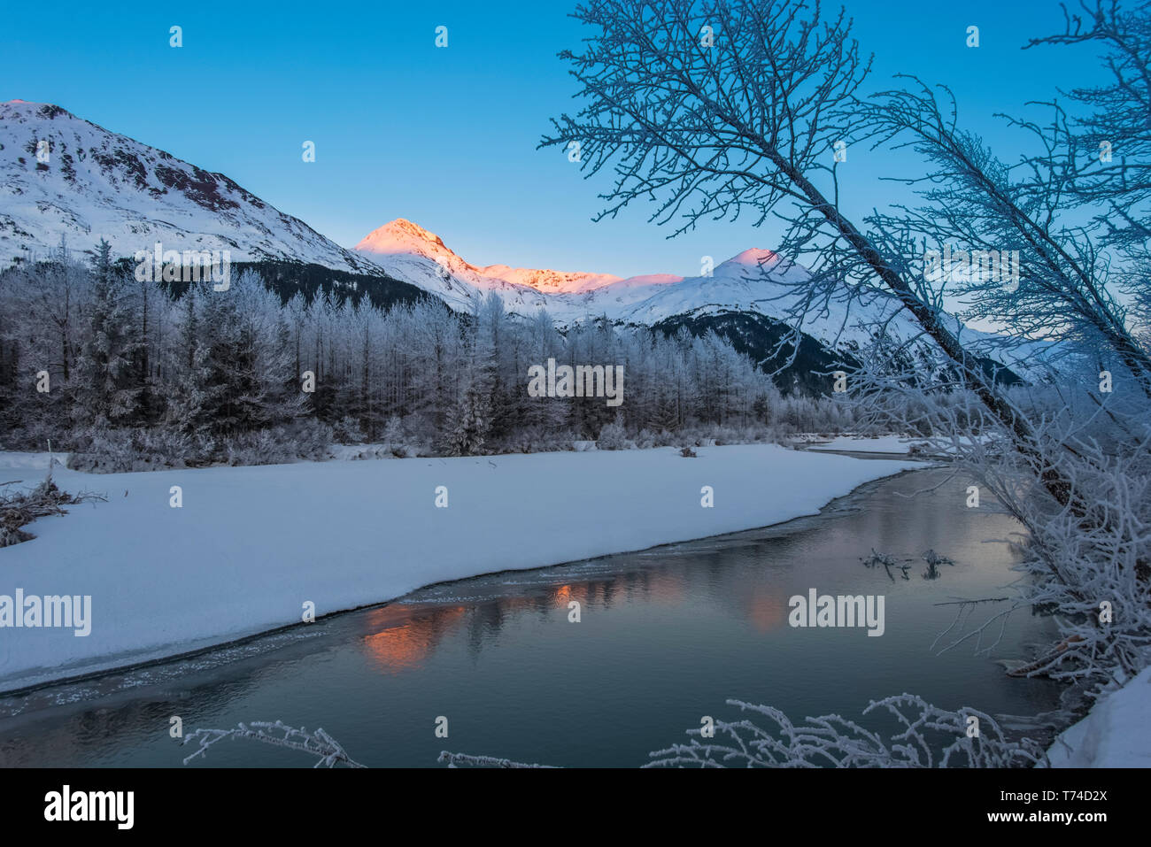 Alpenglow sur les sommets des montagnes dans la vallée de Portage au coucher du soleil sur une soirée au milieu de l'hiver dans le centre-sud de l'Alaska ; Alaska, États-Unis d'Amérique Banque D'Images