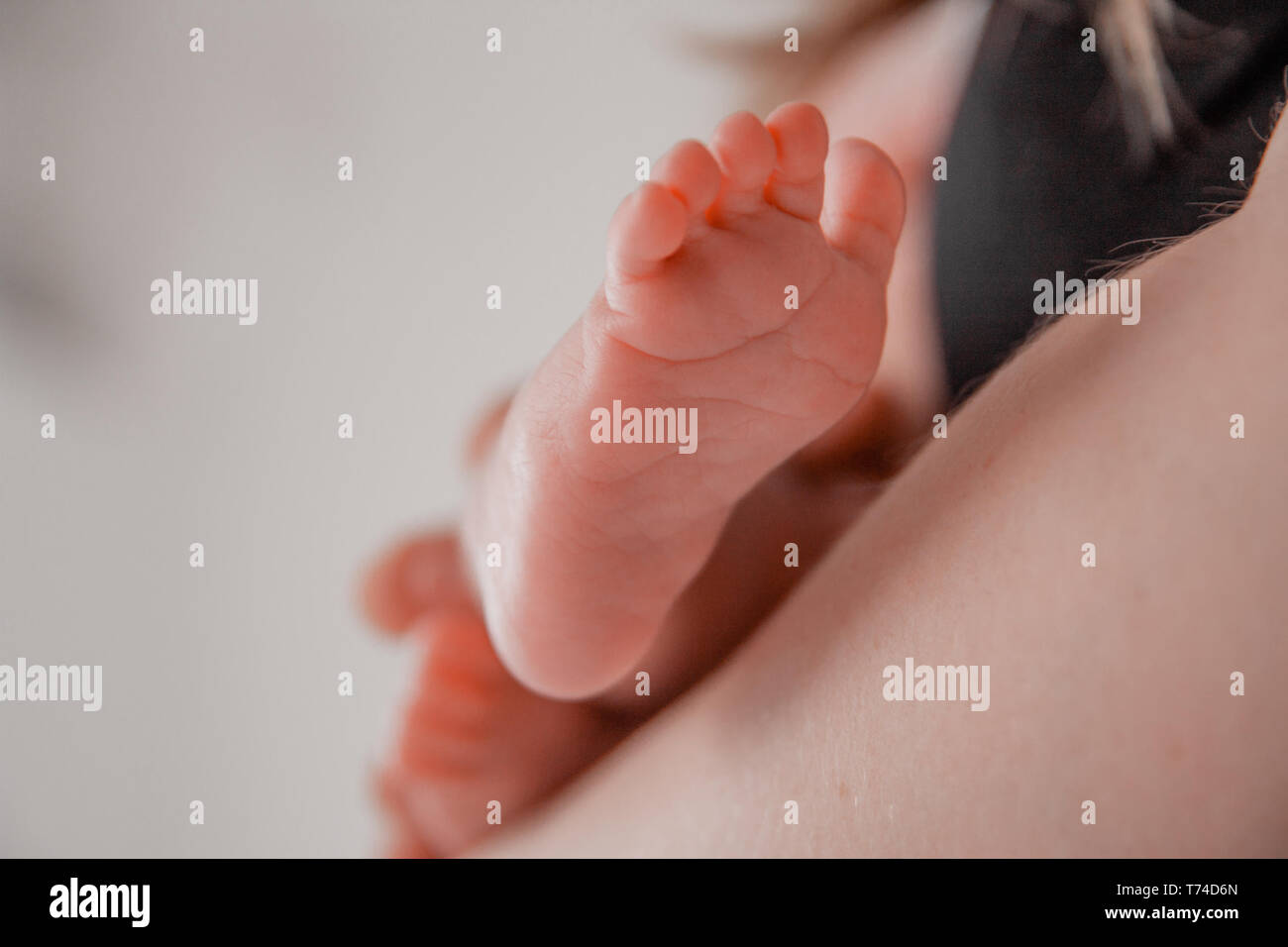 La grossesse, la maternité, la préparation et l'attente de la maternité, l'accouchement concept. Bébé nouveau-né pieds libre dans les mains des parents Banque D'Images