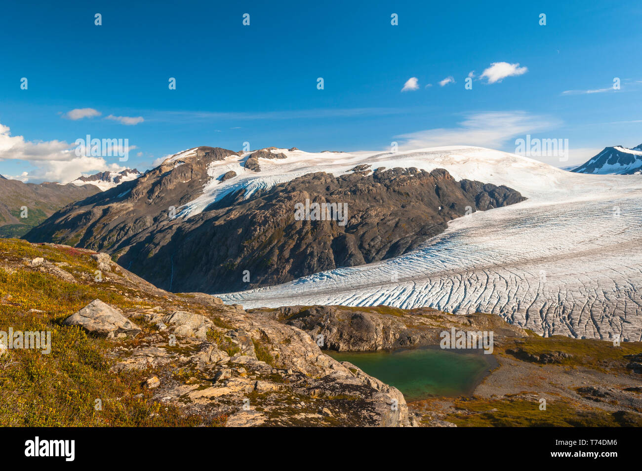 Le sentier Harding Icefield avec les montagnes Kenai, sortie Glacier, et un lac sans nom en arrière-plan, Parc national Kenai Fjords, Kenai Peninsu... Banque D'Images
